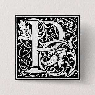 Badge Carré 5 Cm Lettre alphabet de style Renaissance P - Épingle