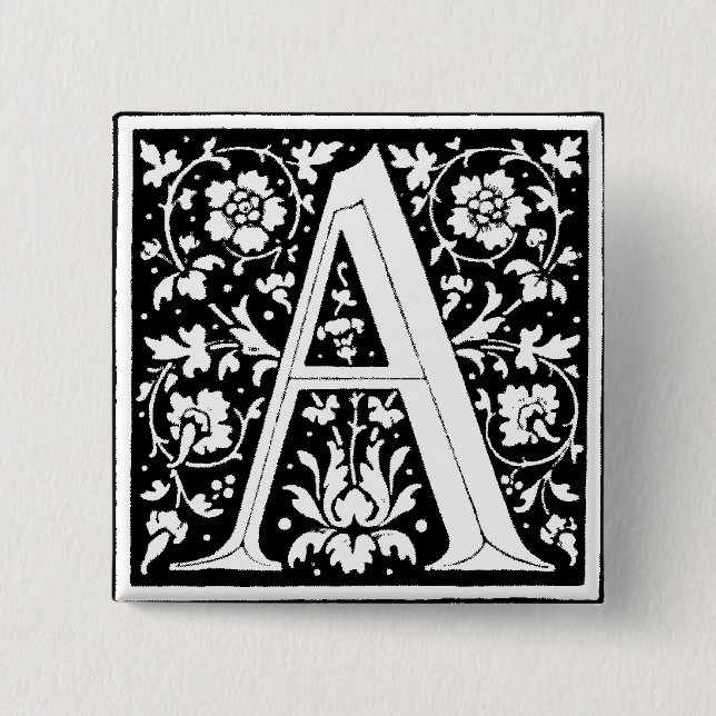 Badge Carré 5 Cm Lettre alphabet Renaissance A - Pinceau (Devant)