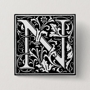 Badge Carré 5 Cm Lettre alphabet style Renaissance N - Pinceau
