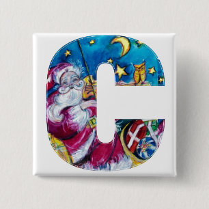 BADGE CARRÉ 5 CM LETTRE C DE NOËL / MONOGRAM PÈRE NOËL INSPIRÉ
