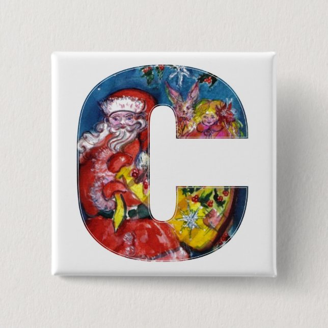 BADGE CARRÉ 5 CM LETTRE C DE NOËL / PÈRE NOËL AVEC CADEAUX MONOGRAM (Devant)