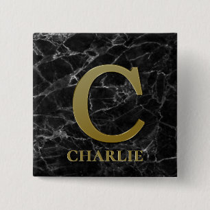 Badge Carré 5 Cm Lettre C Monogramme sur le bouton Marbre noir