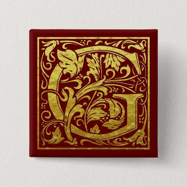 Badge Carré 5 Cm Lettre G Première Lettre Faux Or Rouge (Devant)