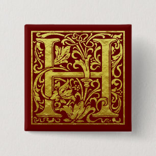 Badge Carré 5 Cm Lettre H Première Lettre Faux Gold