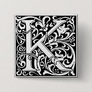 Badge Carré 5 Cm Lettre K Monogramme Art Nouveau Médiéval