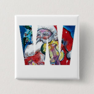 BADGE CARRÉ 5 CM LETTRE NOËL W / PÈRE NOËL AVEC MONOGRAMME VIOLON