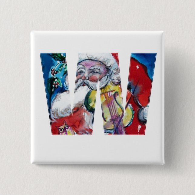 BADGE CARRÉ 5 CM LETTRE NOËL W / PÈRE NOËL AVEC MONOGRAMME VIOLON (Devant)