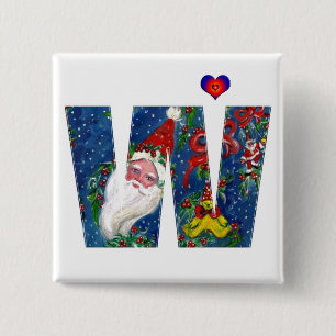 BADGE CARRÉ 5 CM LETTRE NOËL W / PÈRE NOËL RED RIBBON MONOGRAM