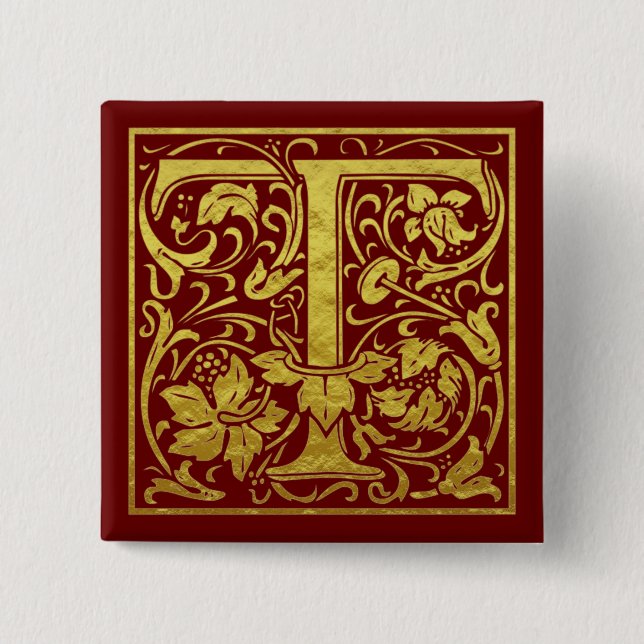 Badge Carré 5 Cm Lettre T Première Lettre Faux Or Rouge (Devant)