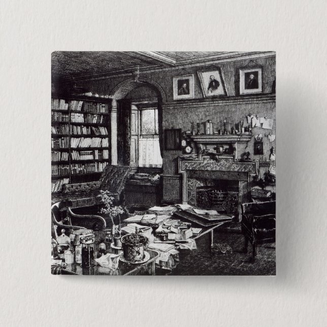 Badge Carré 5 Cm L'étude de Charles Darwin à vers le bas logent, (Devant)
