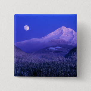 Badge Carré 5 Cm Lever de lune sur le mont Hood en hiver, Oregon