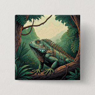 Badge Carré 5 Cm Lézard iguane dans un cadre de jungle tropicale