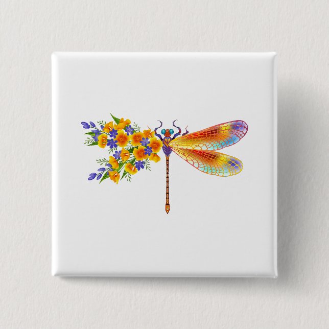 Badge Carré 5 Cm libellule de fleurs jaunes (Devant)