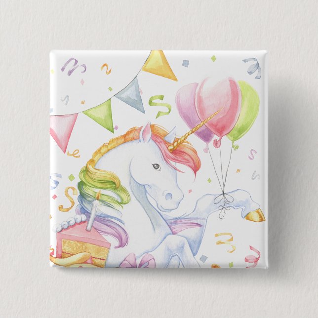 Badge Carré 5 Cm Licorne d'anniversaire (Devant)