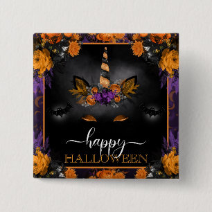 Badge Carré 5 Cm Licorne Florale d'Automne Joyeux Halloween
