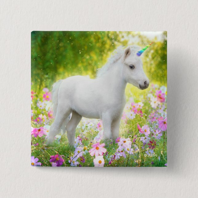 Badge Carré 5 Cm Licorne Poney Blanc (Devant)