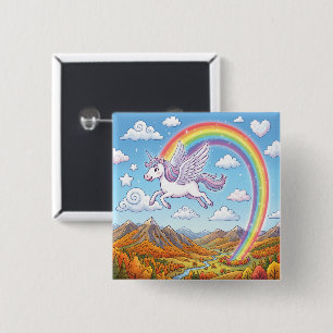 Badge Carré 5 Cm Licorne volante de dessin animé avec arc-en-ciel