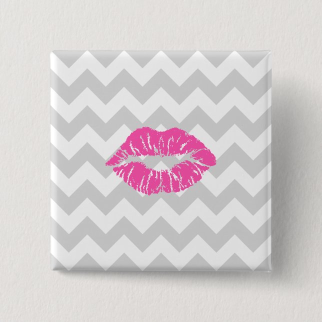 Badge Carré 5 Cm Lieutenant Gray White Chevron, Pink Lipstick Kiss (Devant)