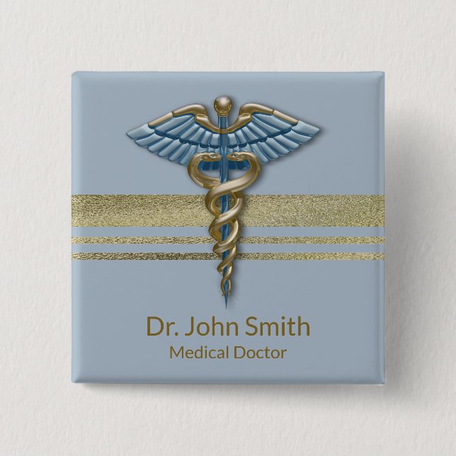 Badge Carré 5 Cm Light Blue Caduceus Faux Gold Foil Stripes Medical (Devant)