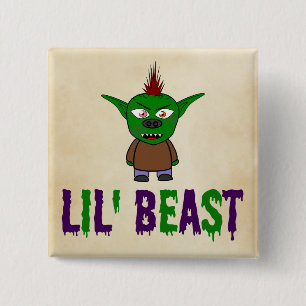 Badge Carré 5 Cm Lil' Beast Goblin violet et vert goutte police