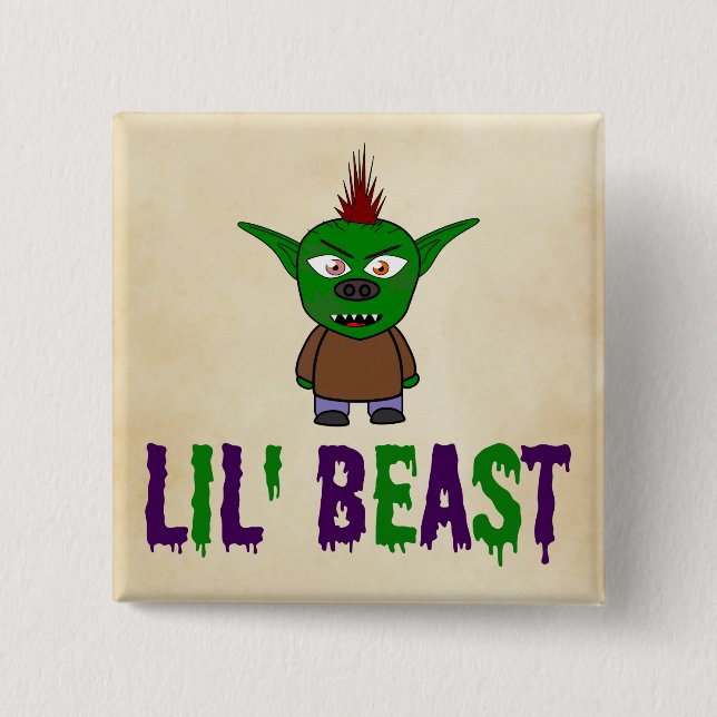 Badge Carré 5 Cm Lil' Beast Goblin violet et vert goutte police (Devant)