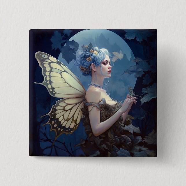 Badge Carré 5 Cm L'Imaginaire Fairy Bois Bleu (Devant)