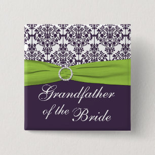 Badge Carré 5 Cm Lime et pourpre Damas grand-père de la mariée