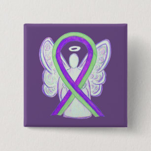Badge Carré 5 Cm Lime Green & Purple Awareness Ribbon Angel Pins