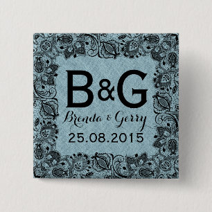 Badge Carré 5 Cm Linge bleu Faux et cadre de dentelle florale noir