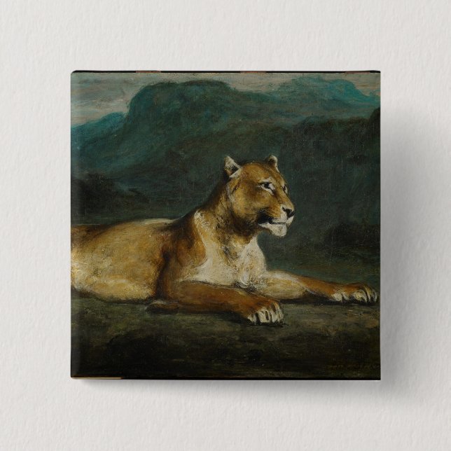 Badge Carré 5 Cm Lionne reposant, c.1855 (huile sur le panneau) (Devant)