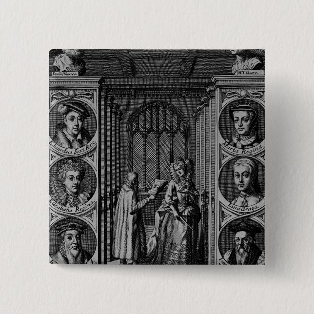 Badge Carré 5 Cm Lisant une lettre à la Reine Elizabeth I (Devant)