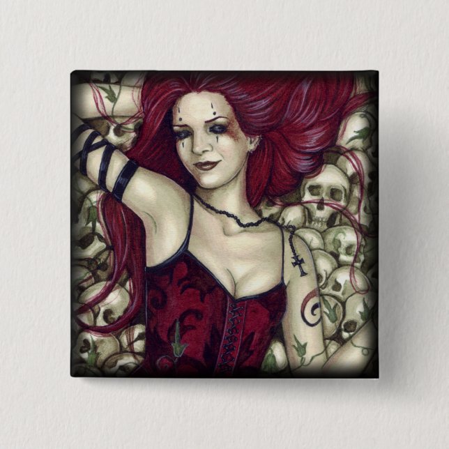 Badge Carré 5 Cm Lit de bouton de crânes (Devant)