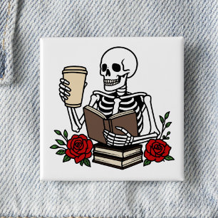 Badge Carré 5 Cm Livres Amusants de l'Amateur de Livres et Crâne de