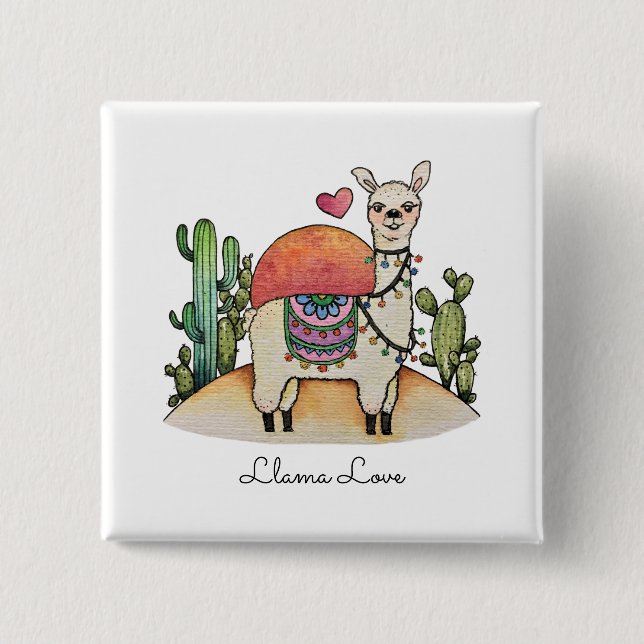 Badge Carré 5 Cm Llama Aquarelle Avec Cactus (Devant)