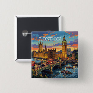 Badge Carré 5 Cm Londres Angleterre Voyage Art Vintage