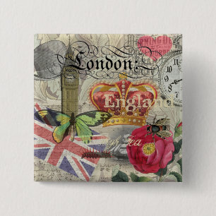 Badge Carré 5 Cm Londres Angleterre Voyage Europe Vintage Art