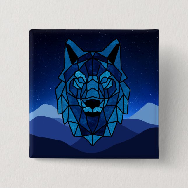 Badge Carré 5 Cm Loup bleu géométrique (Devant)
