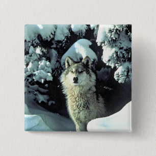 Badge Carré 5 Cm Loup dans le calme de l'hiver