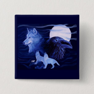 Badge Carré 5 Cm Loup et corbeau avec pleine lune