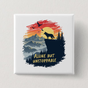 Badge Carré 5 Cm Loup hurlant Sur La Lune, Seul Mais Inarrêtable