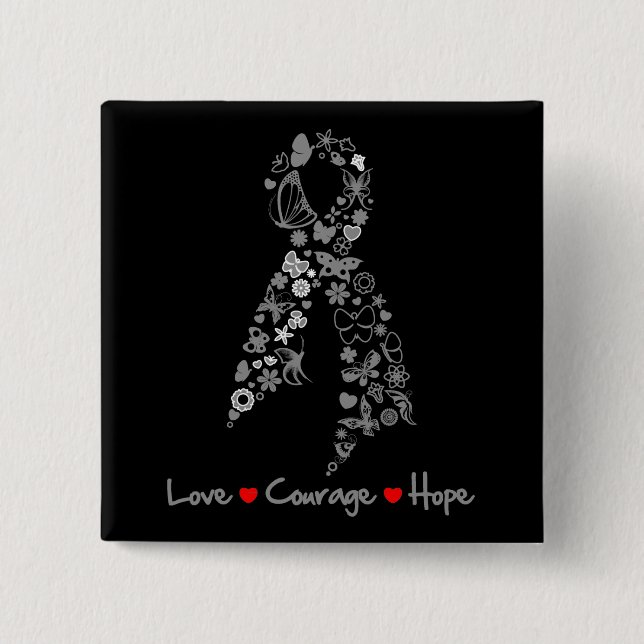 Badge Carré 5 Cm Love Courage Hope Papillon - Cerveau Cancer (Devant)