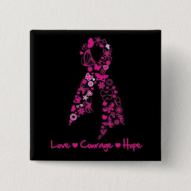 Badge Carré 5 Cm Love Courage Hope Ruban papillon - Cancer du sein (Devant)