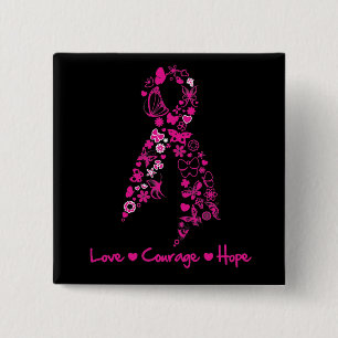 Badge Carré 5 Cm Love Courage Hope Ruban papillon - Cancer du sein