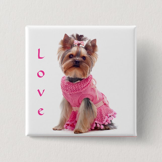 Badge Carré 5 Cm Love Yorshire Terrier Puppy Dog Pin / Bouton (Devant)
