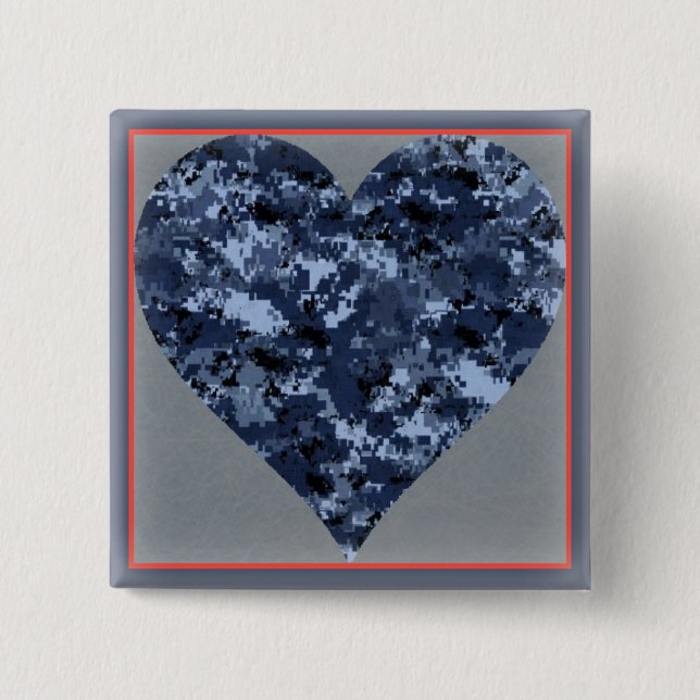 Badge Carré 5 Cm Love You Blue Military Camo Heart Valentine Button (Devant)
