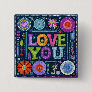 Badge Carré 5 Cm Love You, design vintage coloré,