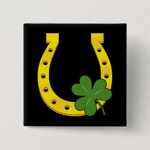 Badge Carré 5 Cm Lucky Golden Horseshoe avec Shamrock sur noir