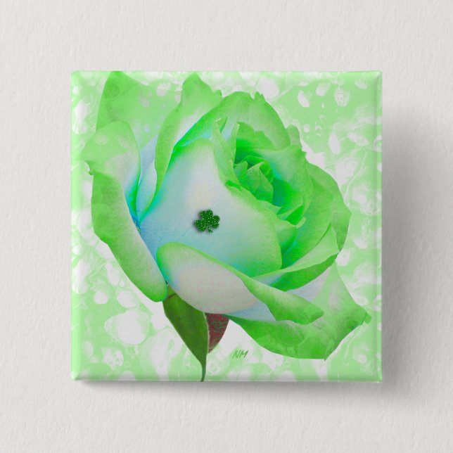 Badge Carré 5 Cm Lucky Green Rose, bouton (Devant)