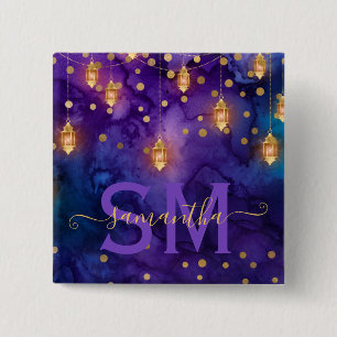 Badge Carré 5 Cm Lueur de lanterne violette et bleue à monogramme