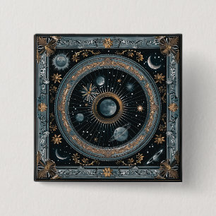 Badge Carré 5 Cm Lune céleste dorée en orbite avec astral détaillé